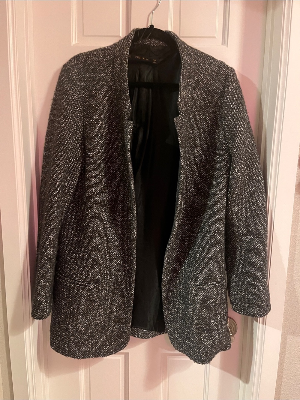 Zara Black & Gray Tweed Open-Front Blazer Coat Oversized